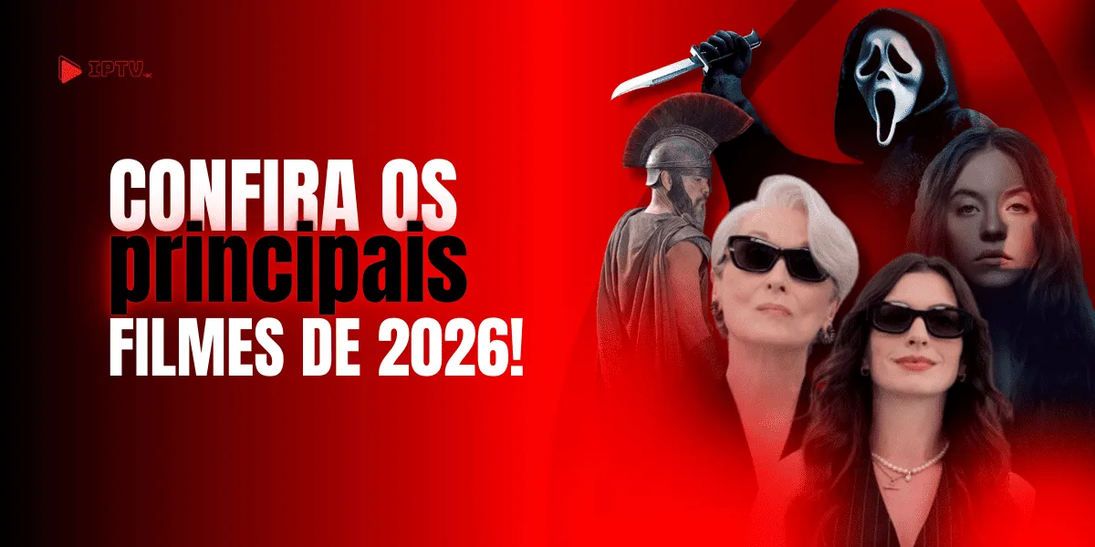 Personagens de filmes de 2026 representando os principais lançamentos do cinema.